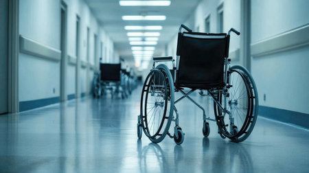 An empty wheelchair stands alone in a serene hospital corridor, illuminated by soft lighting. The quiet setting evokes feelings of solitude and calm in a healthcare environment.の素材