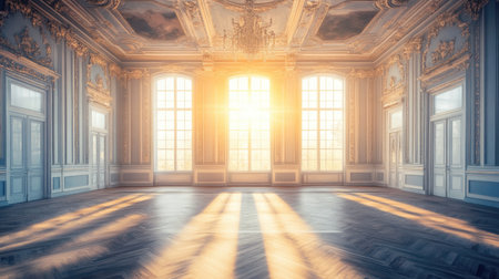 An elegant historic room filled with golden sunlight streaming through tall windows, showcasing ornate architecture and intricate details, creating a serene ambiance.の素材