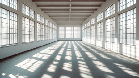 This image depicts a bright and airy empty space featuring large windows that create a dynamic play of shadows on the floor, ideal for various creative projects.の素材
