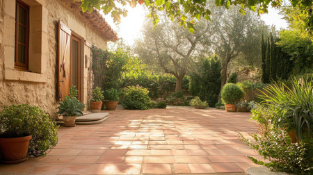 Explore a serene courtyard featuring lush greenery and sunlit olive trees. This peaceful outdoor space invites relaxation and showcases beautiful potted plants.の素材