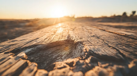 A close-up view of a weathered wood surface at sunset, capturing sunlight glimmering from the textured surface, creating a serene atmosphere in nature.の素材