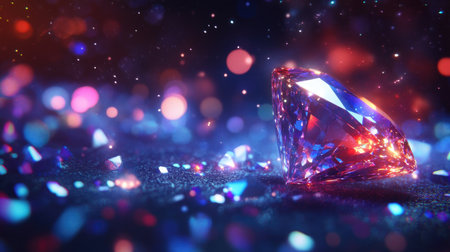 A stunning gemstone sparkles with vibrant colors against a blurred background filled with shimmering lights. Perfect for designs conveying luxury and elegance.の素材