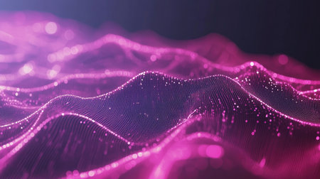 This stunning abstract image features flowing digital waves adorned with glowing particles in shades of pink, creating a mesmerizing visual experience of depth and movement.の素材