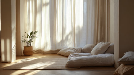 This cozy indoor space features natural light filtering through sheer curtains, creating a warm and inviting atmosphere perfect for relaxation and wellness.の素材
