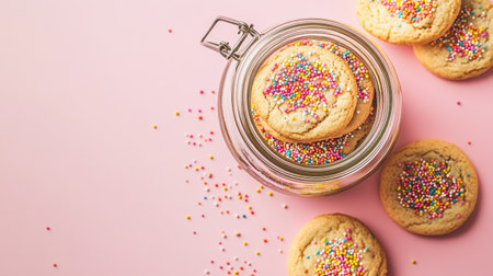 A delightful arrangement of round cookies topped with colorful sprinkles inside a glass jar, set against a soft pink background. Perfect for celebrations.の素材