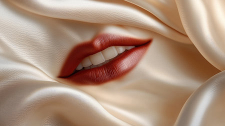 Captivating close-up of soft lips set against a smooth silk backdrop, combining elegance and sensuality. Perfect for beauty or fashion projects.の素材