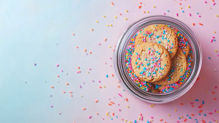 A delightful display of colorful sprinkled cookies in a glass jar, surrounded by an array of pastel colors. Perfect for sweet treats and special occasions.の素材