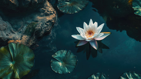 A stunning white water lily gracefully floats on a tranquil pond, surrounded by lush green leaves. The serene setting captures nature's beauty and peace.の素材