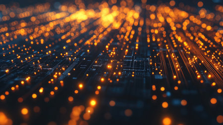 Explore a stunning abstract digital background featuring glowing particles and radiant lines. This image evokes a sense of innovation and technology in a vibrant setting.の素材