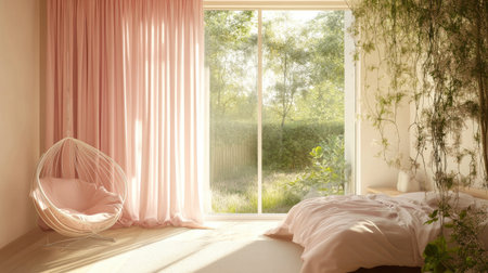 Bright and cozy bedroom featuring soft pink curtains, hanging plants, and natural light streaming through large windows, creating a serene atmosphere.の素材