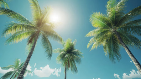 Enjoy a vibrant scene of palm trees swaying in the warm sunlight against a clear blue sky, perfect for evoking a sense of tropical bliss and relaxation.の素材