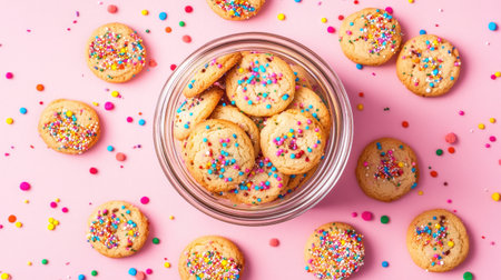 A delightful bowl filled with colorful sprinkled cookies arranged on a pink background. Perfect for festive occasions, celebrations, and sweet treats.の素材