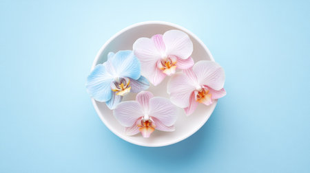 Delicate orchid petals in pastel blue and pink shades arranged in a round bowl, set against a light blue background, creating a serene and elegant atmosphere.の素材