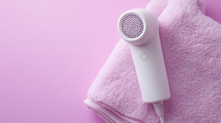 A stylish compact hair dryer resting on a soft pink towel creates a serene beauty scene. The smooth surface and subtle colors emphasize modern personal care essentials.の素材