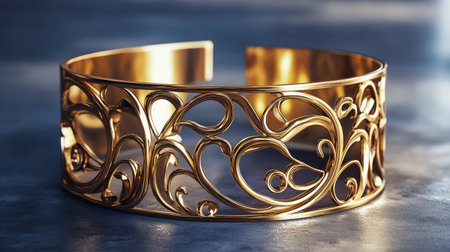 Explore the beauty of this elegant gold cuff bracelet featuring an intricate floral design, perfect for adding a touch of luxury to any outfit.の素材