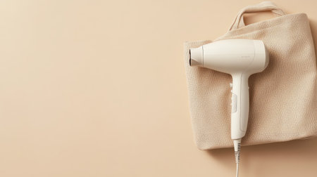 A modern white hair dryer lies elegantly on a beige cotton bag, creating a stylish and minimalist aesthetic. Perfect for personal care and beauty settings.の素材