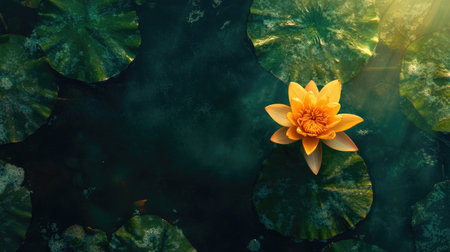 A vibrant yellow flower blooms gracefully on tranquil water surrounded by green lily pads, capturing the serene beauty of nature in a peaceful setting.の素材