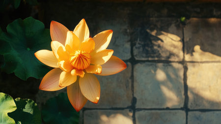 A stunning yellow lotus flower blooms gracefully in a serene garden, showcasing vibrant petals and intricate details illuminated by soft sunlight.の素材