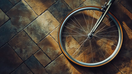 A captivating close-up of a bicycle wheel resting on a textured stone floor, illuminated by soft natural light, highlighting the round shape and orange rim.の素材