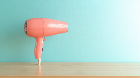 A stylish coral hair dryer rests on a wooden surface, set against a soothing turquoise background. This image captures modern beauty tools in a minimalistic decor setting.の素材