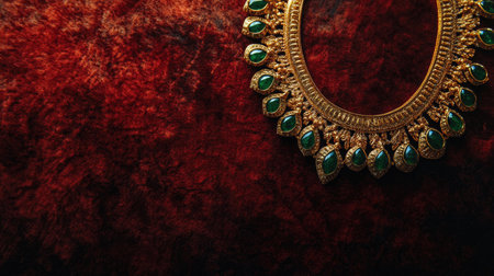 Capture the essence of luxury with this ornate gold necklace featuring vibrant green stones, beautifully set against a rich red fabric background.の素材