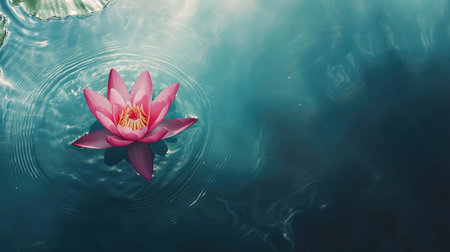 A stunning pink water lily floats gracefully on a tranquil blue water surface, creating ripples that enhance the serene beauty of the natural environment.の素材