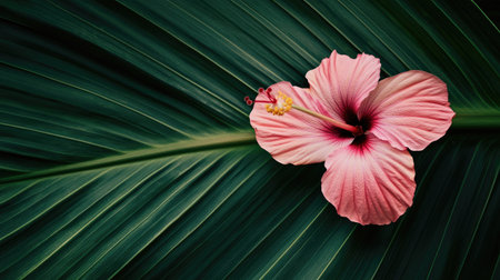 A stunning close-up of a pink hibiscus flower resting on a rich green leaf. The vibrant colors and detailed textures highlight the beauty of nature in a serene setting.の素材