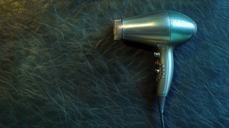 A sleek silver hair dryer rests on a textured dark leather surface, showcasing its modern design and beauty appliance characteristics, ideal for personal care images.の素材