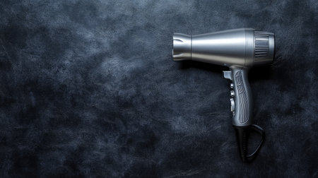 Sleek silver hair dryer rests on a textured black surface, showcasing modern design and functionality. Ideal for beauty and personal care applications.の素材