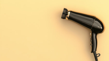 A modern black hair dryer rests against a soft beige background, showcasing sleek design and stylish appearance. Ideal for beauty and haircare needs.の素材