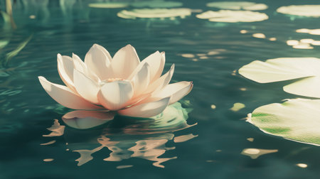 A stunning pink lotus blossom floats gently on a serene water surface surrounded by green leaves. This image captures the essence of natural beauty and tranquility.の素材