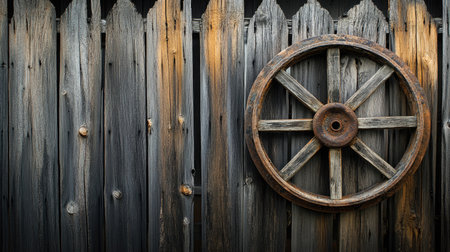 A rustic wooden wheel mounted on a weathered barn wood backdrop, showcasing the beauty of vintage craftsmanship and rural heritage. Perfect for creating a nostalgic and natural atmosphere.の素材