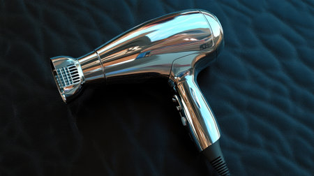 A sleek chrome hair dryer is positioned on a black textured surface, showcasing its modern design and aesthetic appeal for beauty enthusiasts and professionals.の素材