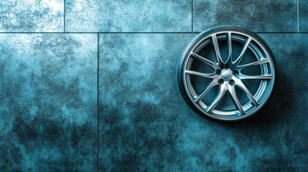 A sleek modern alloy wheel positioned on a textured blue background, showcasing its polished finish and intricate design, ideal for automotive themes.の素材