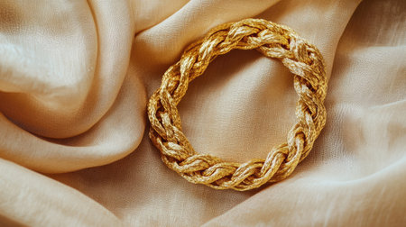 Stunning golden braided bracelet rests on luxurious satin fabric, showcasing intricate artistry and elegance. Perfect for fashion-forward styles and gifts.の素材
