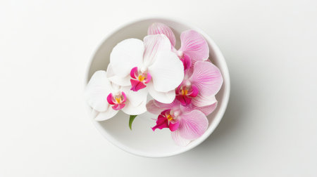 A stunning arrangement of elegant white and pink orchid flowers sits gracefully in a simple white bowl, enhancing any tranquil space with natural beauty.の素材