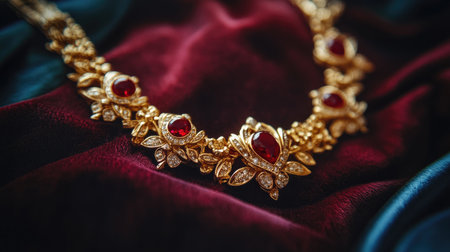This elegant gold necklace features red stones and intricate designs, perfect for enhancing any outfit with a touch of luxury and style. Ideal for special occasions.の素材