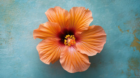 This stunning close-up features a beautiful orange hibiscus flower, showcasing its vibrant petals against a soft blue background. Perfect for nature lovers.の素材