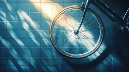 A striking image of a bicycle wheel cast in beautiful light and shadow against a blue tiled wall, capturing the essence of urban life and modern design.の素材