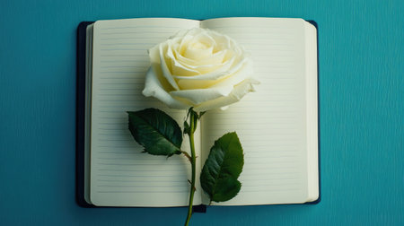 A beautiful white rose placed elegantly on an open notebook. The serene teal background enhances the floral beauty, making it perfect for creative and reflective themes.の素材