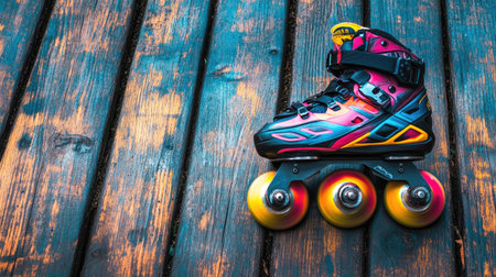 A vibrant inline roller skate positioned on a wooden floor, showcasing colorful wheels and a dynamic design. Ideal for active lifestyle and sports enthusiasts.の素材