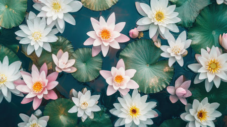 A stunning overhead view of vibrant lotus flowers in full bloom on a calm water surface, showcasing the beauty of nature and tranquility in a serene environment.の素材