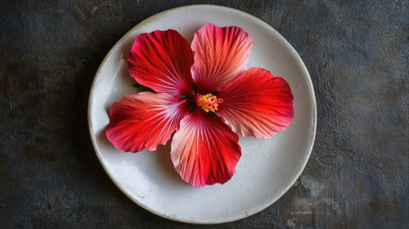 A stunning red hibiscus flower placed on a white plate against a dark background, showcasing vibrant colors and delicate petals for an artistic touch.の素材