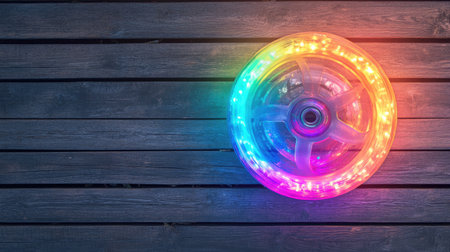 A stunning illuminated wheel featuring a spectrum of vibrant colors rests on a rustic wooden surface, perfect for enhancing any festive atmosphere or creative project.の素材