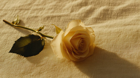 This image features a soft yellow rose resting gracefully on a textured linen background, illuminated by warm natural light creating gentle shadows.の素材