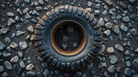An aerial view of a single off-road tire resting on a gravel surface. Ideal for representing adventure, exploration, and outdoor activities in photography.の素材