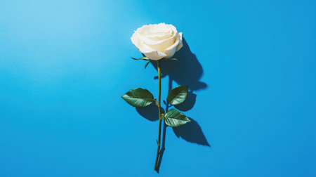 A stunning white rose elegantly positioned against a bright blue background, showcasing its delicate petals and lush green leaves, perfect for fresh design inspiration.の素材