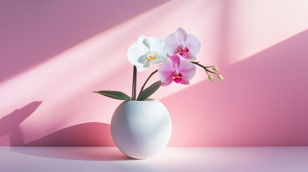 A stunning display of orchids in a sleek white vase on a soft pink background, creating a serene atmosphere perfect for home decoration or photography.の素材
