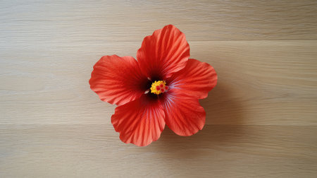 This image showcases a stunning bright red hibiscus flower with intricate petals on a wooden surface, highlighting its natural beauty and vibrant colors.の素材