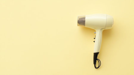 A vintage-style hair dryer sits against a soft yellow background, showcasing its elegant design and practicality for everyday hairstyling and beauty routines.の素材